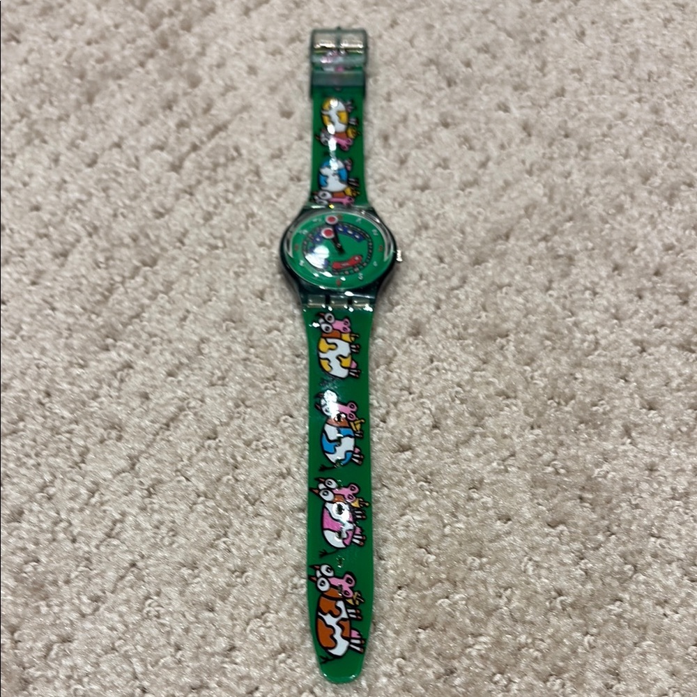 Swatch Watch with trains on face and cows on band